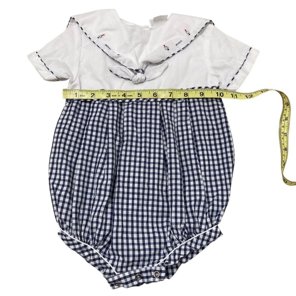 Vintage 90s Carters Nautical Sailor Bubble Romper Infant 9M Gingham Blue White